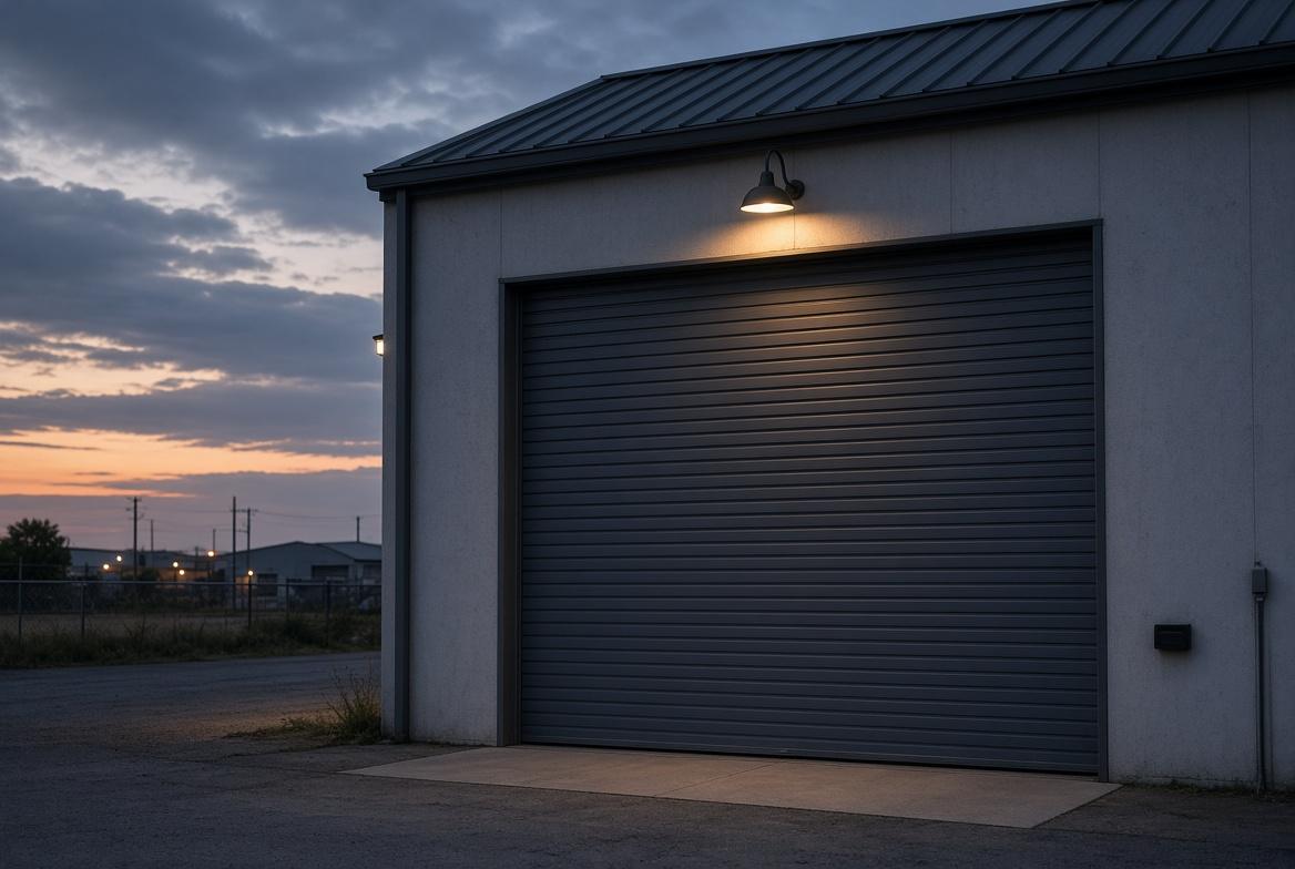 Light commercial rolling steel door at dusk