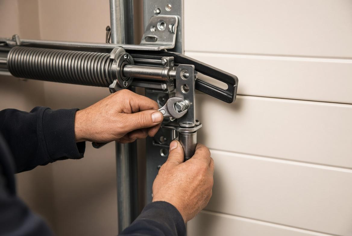 Hands replacing a torsion spring on a residential garage door